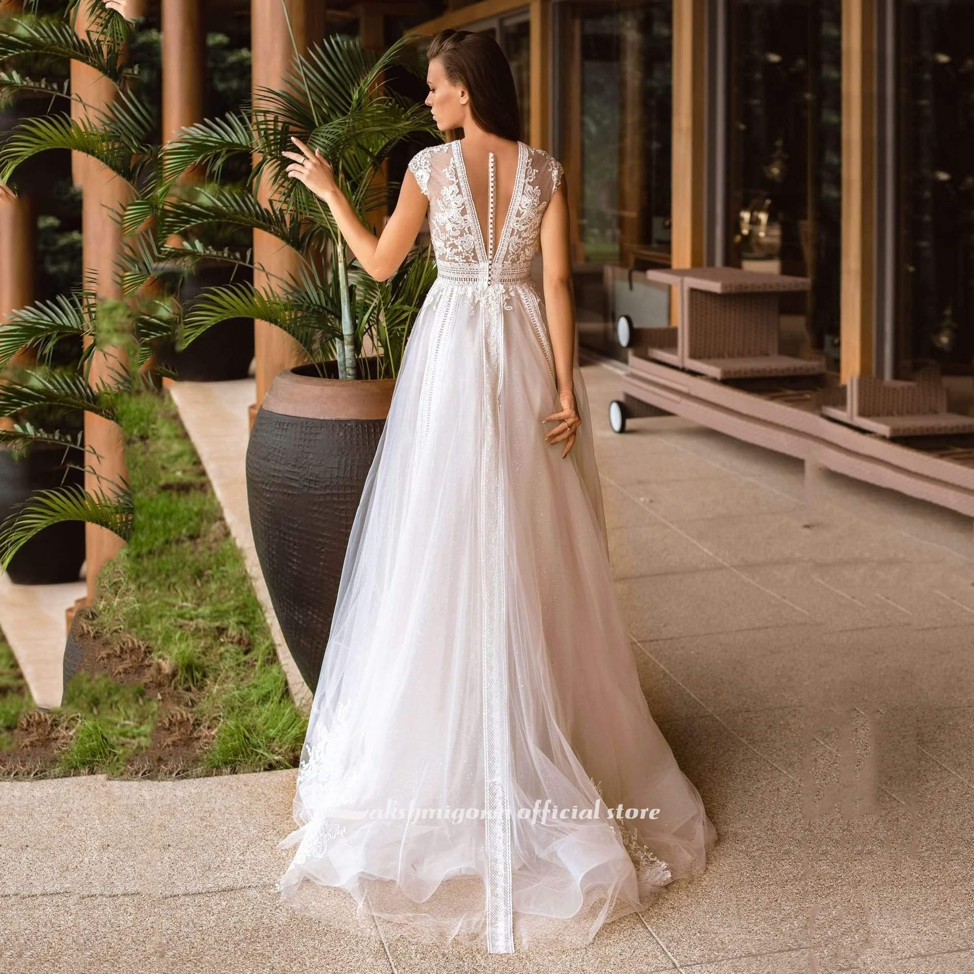 NumberSea V Neck Wedding Dresses A Line Cap Sleeve