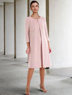 Zweiteiliges Etuikleid/Säulenkleid für die Mutter der Braut, Hochzeitsgast, Kirche, elegant, Rundhalsausschnitt, knielang, Stretch-Stoff, kurzärmelig, Jackenkleider mit Perlenbesatz, Herbst