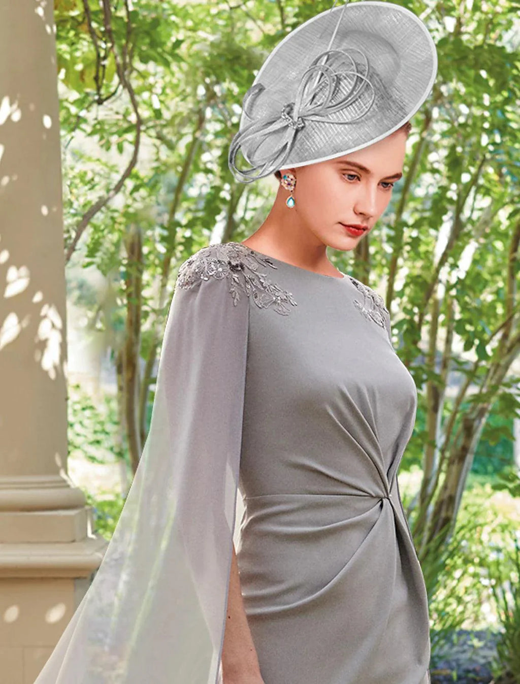 Etuikleid/Säulenkleid für die Brautmutter, formelle Party, elegant, U-Ausschnitt, knöchellang, Chiffon, lange Ärmel mit Applikationen, geschlitzte Vorderseite, Rüschen