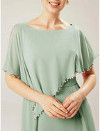 Etuikleid/Säulenkleid für die Mutter der Braut, Hochzeitsgast, elegant, schlicht, Rundhalsausschnitt, knöchellang, Chiffon, kurze Ärmel, Wickelkleid inklusive Quaste