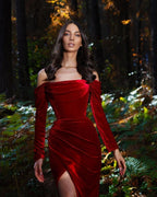 Velvet evening dresses long red | Prom dresses with sleeves