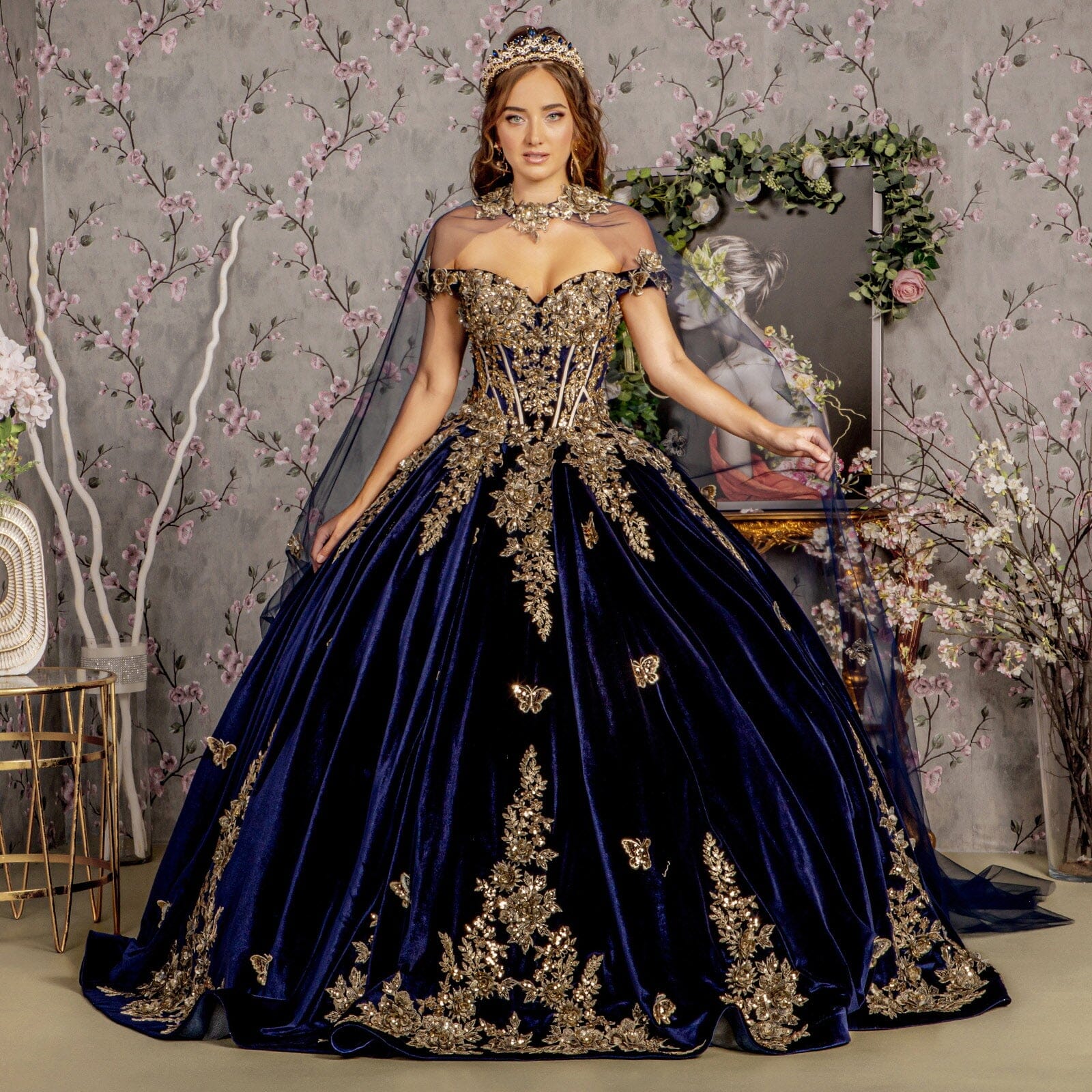 Velvet Off Shoulder Cape Ball Gown by GLS Gloria GL3471