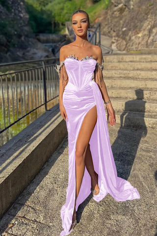 Royal Blue Long Velvet Off-the-Shoulder Beads Split Mermaid Prom Dress with Ruffles