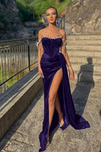 Royal Blue Long Velvet Off-the-Shoulder Beads Split Mermaid Prom Dress with Ruffles