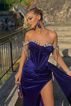 Royal Blue Long Velvet Off-the-Shoulder Beads Split Mermaid Prom Dress with Ruffles