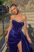 Royal Blue Long Velvet Off-the-Shoulder Beads Split Mermaid Prom Dress with Ruffles