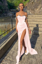 Royal Blue Long Velvet Off-the-Shoulder Beads Split Mermaid Prom Dress with Ruffles