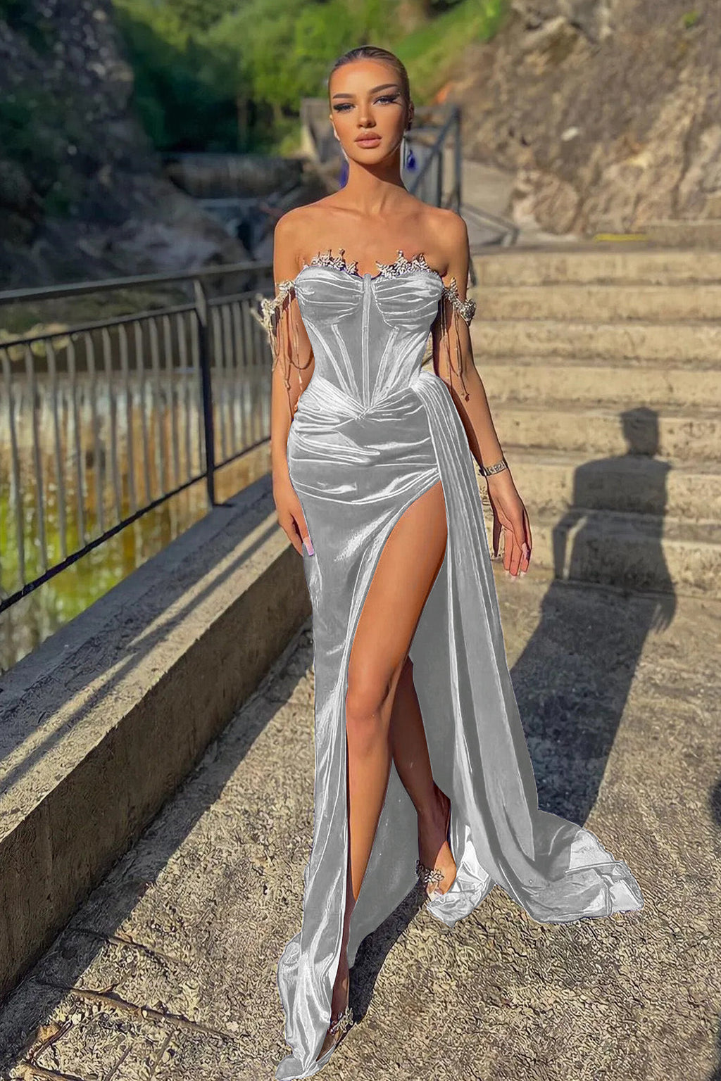 Royal Blue Long Velvet Off-the-Shoulder Beads Split Mermaid Prom Dress with Ruffles