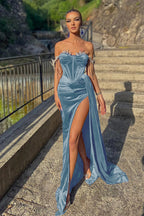 Royal Blue Long Velvet Off-the-Shoulder Beads Split Mermaid Prom Dress with Ruffles
