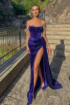 Royal Blue Long Velvet Off-the-Shoulder Beads Split Mermaid Prom Dress with Ruffles