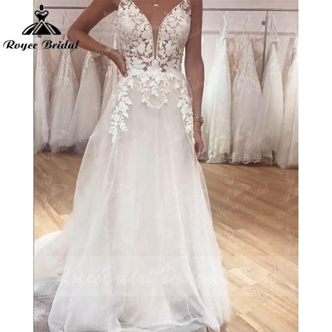 Vestido de Novia Boho Vintage Fee Brautkleid Spitze Applqiues Spaghetti-Trägern V-Ausschnitt Brautkleider Tüll A-Linie Trouwjurk