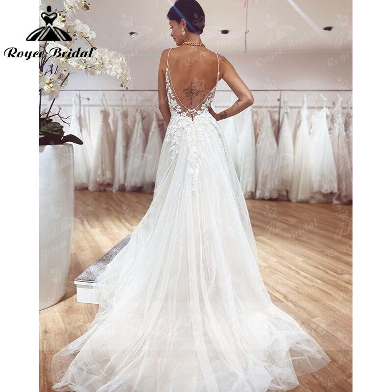 vestido de novia Boho Vintage Fairy Wedding Dress Lace Applqiues Spaghetti Straps V Neck Bridal Gowns Tulle A Line trouwjurk