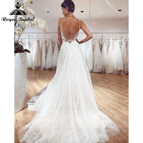 Vestido de Novia Boho Vintage Fee Brautkleid Spitze Applqiues Spaghetti-Trägern V-Ausschnitt Brautkleider Tüll A-Linie Trouwjurk