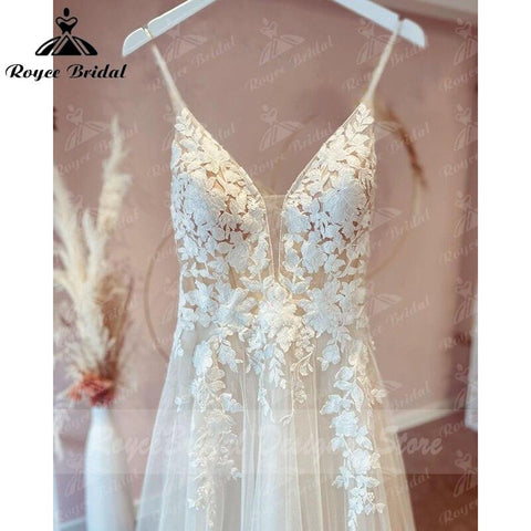 Vestido de Novia Boho Vintage Fee Brautkleid Spitze Applqiues Spaghetti-Trägern V-Ausschnitt Brautkleider Tüll A-Linie Trouwjurk