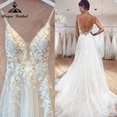 Vestido de Novia Boho Vintage Fee Brautkleid Spitze Applqiues Spaghetti-Trägern V-Ausschnitt Brautkleider Tüll A-Linie Trouwjurk