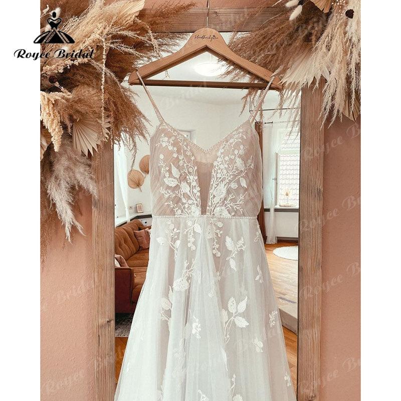 NumberSea vestido  novia Lace Appliques V Neck A Line Boho Wedding Dress Spaghetti Straps Beach 2025 trouwjurk Robe Bridal Wedding Gowns