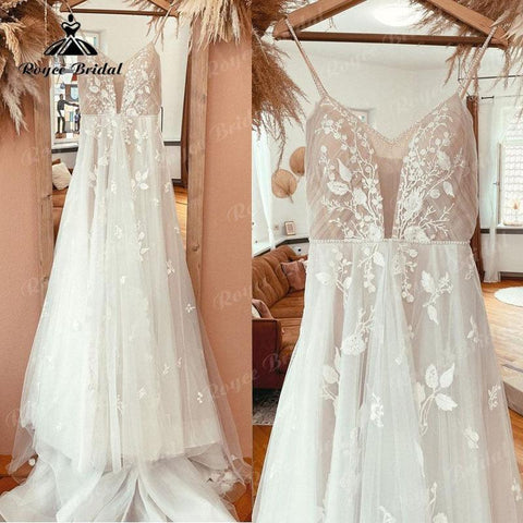 NumberSea vestido novia Spitze Appliques V-ausschnitt A-linie Boho Hochzeit Kleid Spaghetti-trägern Strand 2025 trouwjurk Robe Braut Hochzeit Kleider 