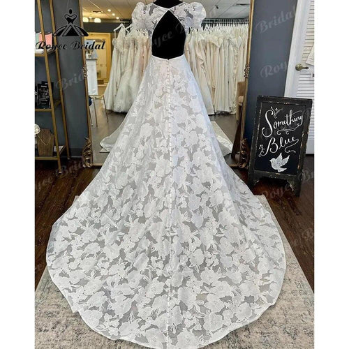 Vestido Novia Prinzessin Kurze Puffärmel Spitze Floral O-Ausschnitt Offener Rücken Brautkleid für die Braut 2024 Hofschleppe Brautkleid 