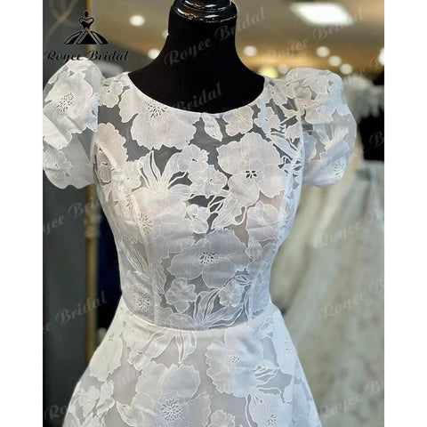 Vestido Novia Prinzessin Kurze Puffärmel Spitze Floral O-Ausschnitt Offener Rücken Brautkleid für die Braut 2024 Hofschleppe Brautkleid 