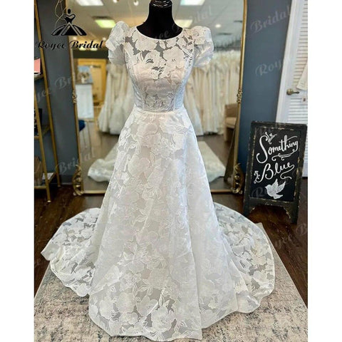 Vestido Novia Prinzessin Kurze Puffärmel Spitze Floral O-Ausschnitt Offener Rücken Brautkleid für die Braut 2024 Hofschleppe Brautkleid 