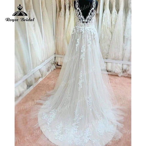 NumberSea vestido rouwjurk Boho Hochzeitskleid Rückenfrei Spitze Applizierte Ärmellos Sweep A-Linie Robe de Mariee Brautkleid Nach Maß 2022 