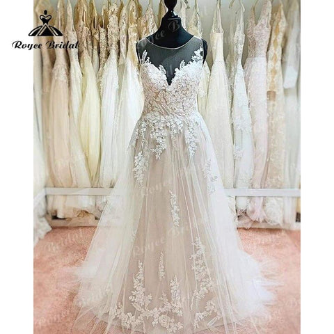 NumberSea vestido rouwjurk Boho Hochzeitskleid Rückenfrei Spitze Applizierte Ärmellos Sweep A-Linie Robe de Mariee Brautkleid Nach Maß 2022 