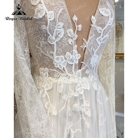Vestidos Beach A-Linie Brautkleid mit tiefem V-Ausschnitt, langen Ärmeln, Spitzenapplikationen, Tüll, Sweep-Schleppe, Robe de Réception de Mariage
