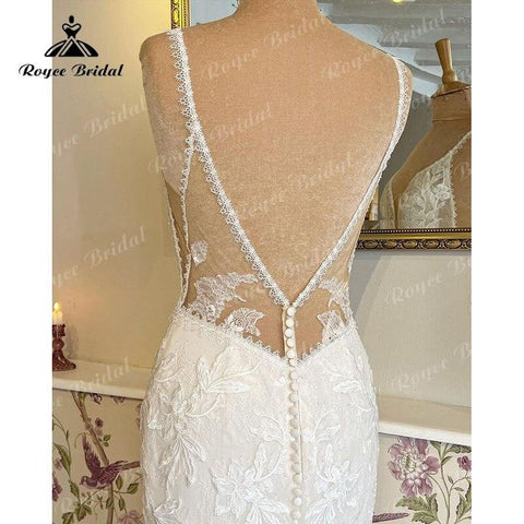 Vestidos Meerjungfrau Spaghetti-trägern Brautkleid Spitze Applique Backless V-ausschnitt Gericht Zug Trompete vestido de boda corte sirena