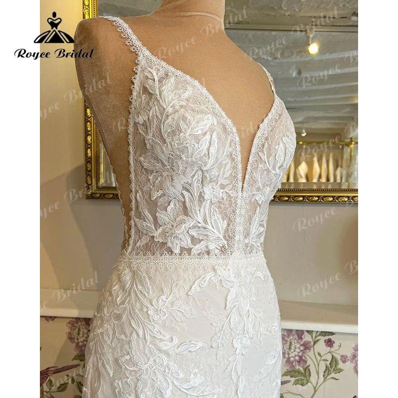 Vestidos sereia cintas de espaguete vestido de casamento renda apliques sem costas decote em v tribunal trem trompete vestido de boda corte sirena