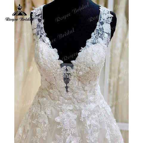 NumberSea vestidos de novia Elegantes A-Linie Brautkleid mit offenem Rücken und Spitzenapplikationen, tiefem V-Ausschnitt, ärmelloses Tank-Kleid für die Braut, Robe de Mariée 