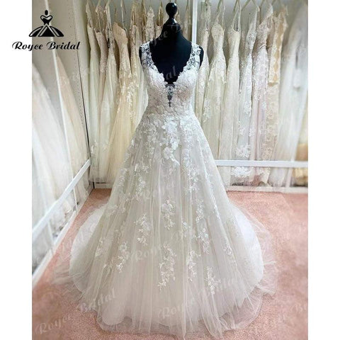 NumberSea vestidos de novia Elegantes A-Linie Brautkleid mit offenem Rücken und Spitzenapplikationen, tiefem V-Ausschnitt, ärmelloses Tank-Kleid für die Braut, Robe de Mariée 