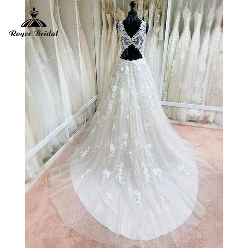 NumberSea abiti da sposa Elegante Abito da Sposa a Linea A Schiena Scollata Applicazioni di Pizzo Scollo a V Profondo Top Senza Maniche Vestito da Sposa abito da sposa