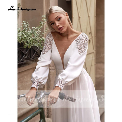 NumberSea Vestidos Einfache Boho Langarm Brautkleider V-Ausschnitt Robe Longue Strand Chiffon A-Linie Brautkleider vestido de novia