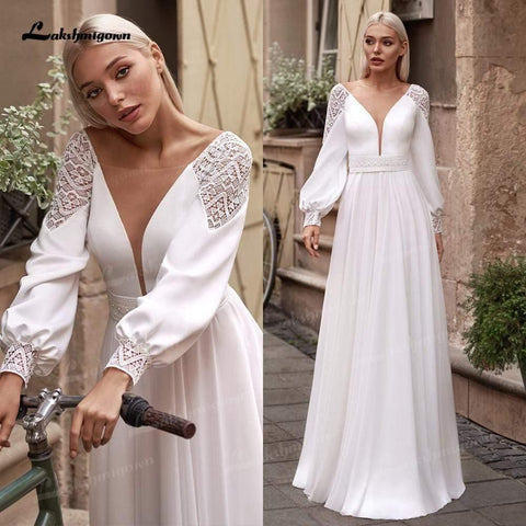 NumberSea Vestidos Einfache Boho Langarm Brautkleider V-Ausschnitt Robe Longue Strand Chiffon A-Linie Brautkleider vestido de novia