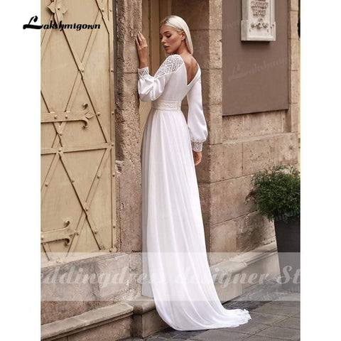 NumberSea Vestidos Einfache Boho Langarm Brautkleider V-Ausschnitt Robe Longue Strand Chiffon A-Linie Brautkleider vestido de novia