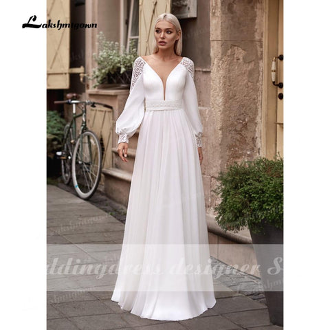 NumberSea Vestidos Einfache Boho Langarm Brautkleider V-Ausschnitt Robe Longue Strand Chiffon A-Linie Brautkleider vestido de novia