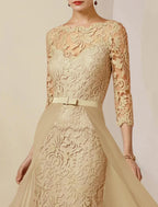 Vestido tubinho/coluna para mãe da noiva, festa formal para convidados de casamento, elegante, decote redondo, comprimento até ao chão, chiffon, renda, manga 3/4 com laço(s), aplicações