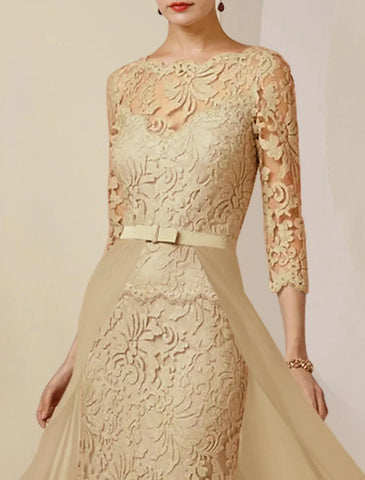 Sheath / Column Mother of the Bride Dress Formal Wedding Guest Party Elegant Scoop Neck Floor Length Chiffon Lace 3/4 Length Sleeve with Bow(s) Appliques