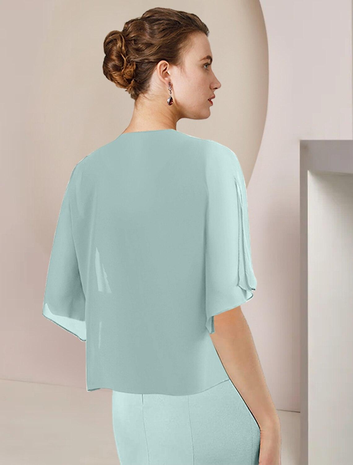 Vestido de mãe da noiva em duas peças, corte A, formal, para convidada de casamento, elegante, decote em V alto e baixo, assimétrico, comprimento chá, chiffon, renda, manga 3/4, envoltório incluído com aplicações de lantejoulas