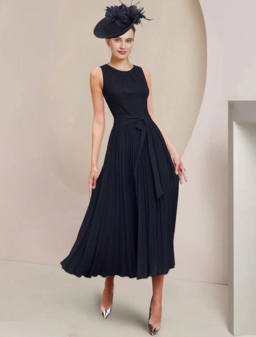 Zweiteiliges A-Linien-Kleid für die Mutter der Braut, Hochzeitsgast, Party, Vintage, elegant, U-Ausschnitt, knielang, Chiffon, ärmellos, Wickelkleid inklusive Schleife(n), Falten