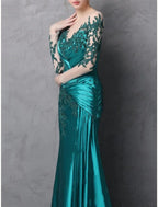 Sheath / Column Mother of the Bride Dress Vintage Elegant Illusion Neck Sweep / Brush Train Lace Charmeuse Long Sleeve with Appliques Ruching