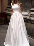 Robe de mariée longue en satin ivoire coupe A avec poches, WD0451