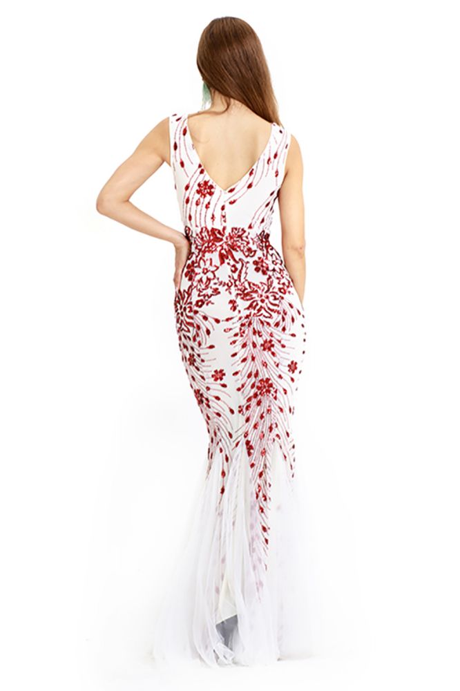 Vintage Perlen Meerjungfrau Abendkleider V-Ausschnitt Bodenlanges Ballkleid