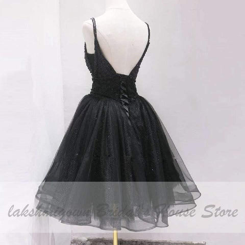 NumberSea Vintage Schwarzes kurzes sexy Ballkleid mit Perlen