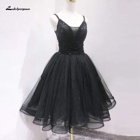 NumberSea Vintage Schwarzes kurzes sexy Ballkleid mit Perlen