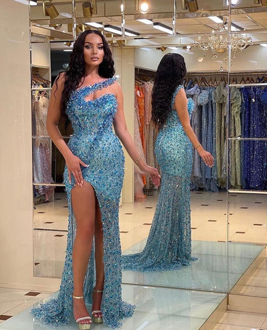 Vintage Long One Shoulder Beadings Strapless Mermaid Evening Dress with Split