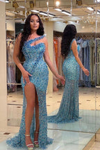 Vintage Long One Shoulder Beadings Strapless Mermaid Evening Dress with Split