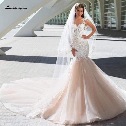 NumberSea Vintage Champagner Brautkleid Meerjungfrau Stil Weiß Spitze