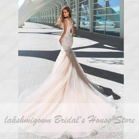 NumberSea Vintage Champagner Brautkleid Meerjungfrau Stil Weiß Spitze