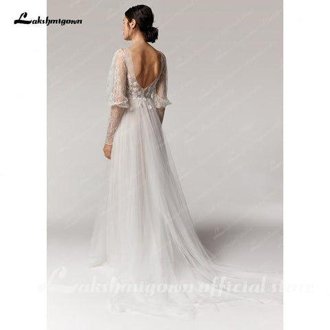 NumberSea Vintage Deep V Champagner Brautkleid A-Linie lange Ärmel